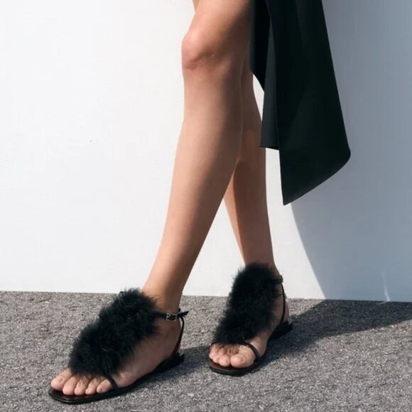 NWT Zara black feather accented flat strap up sandals, EU 36 - Picture 2 of 14